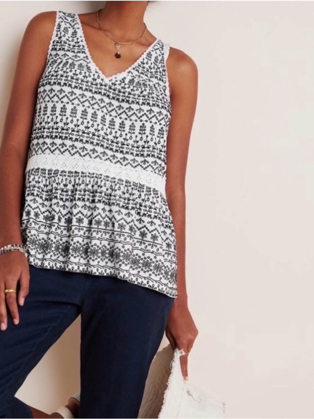Anthropologie White and Black V-Neck Peplum Tank
